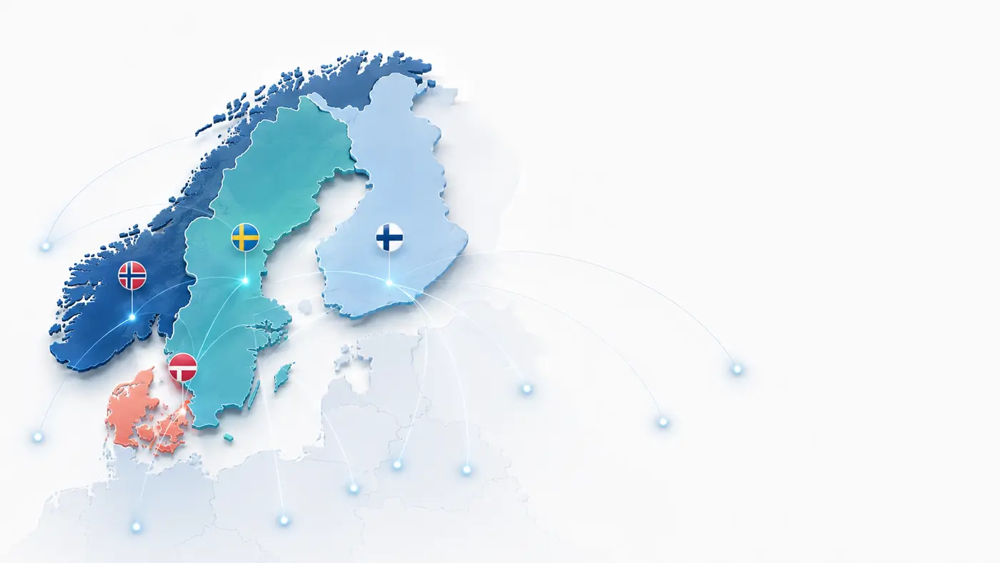 Map of Sweden, Norway, Denmark and Finland with international connections
