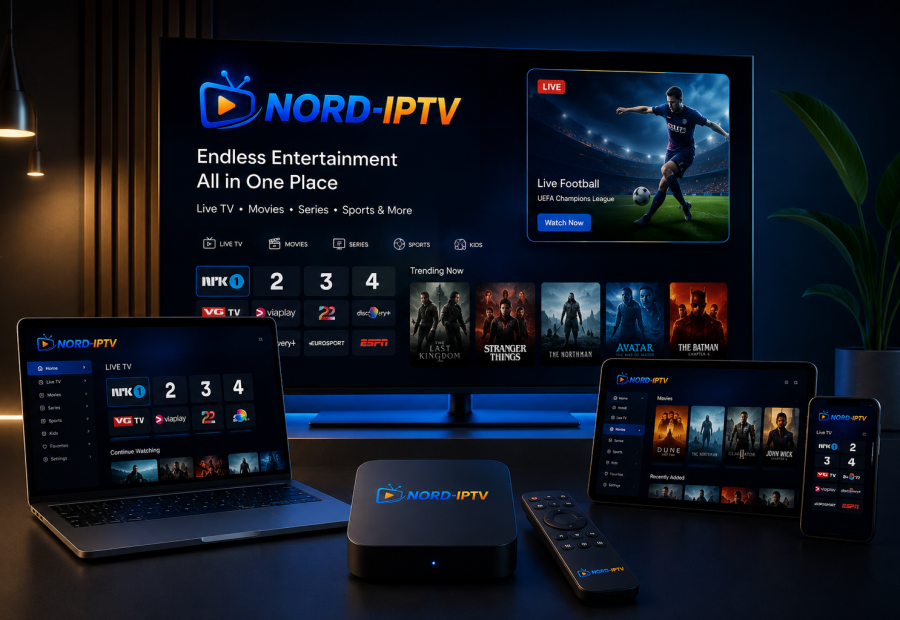 NORD IPTV streaming interface displayed on a television, tablet and phone